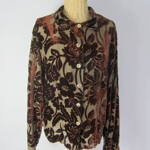 Citron Santa Monica Women Taupe Brown Floral Silk Velvet LS Shirt US  Back Tab
